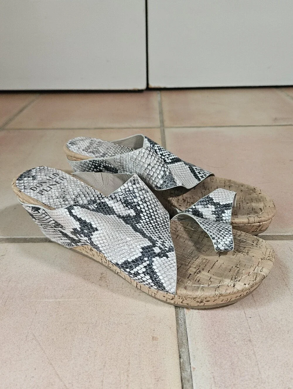 Donald Pliner Gretta Grey Snake Print Cork Wedge Sandals